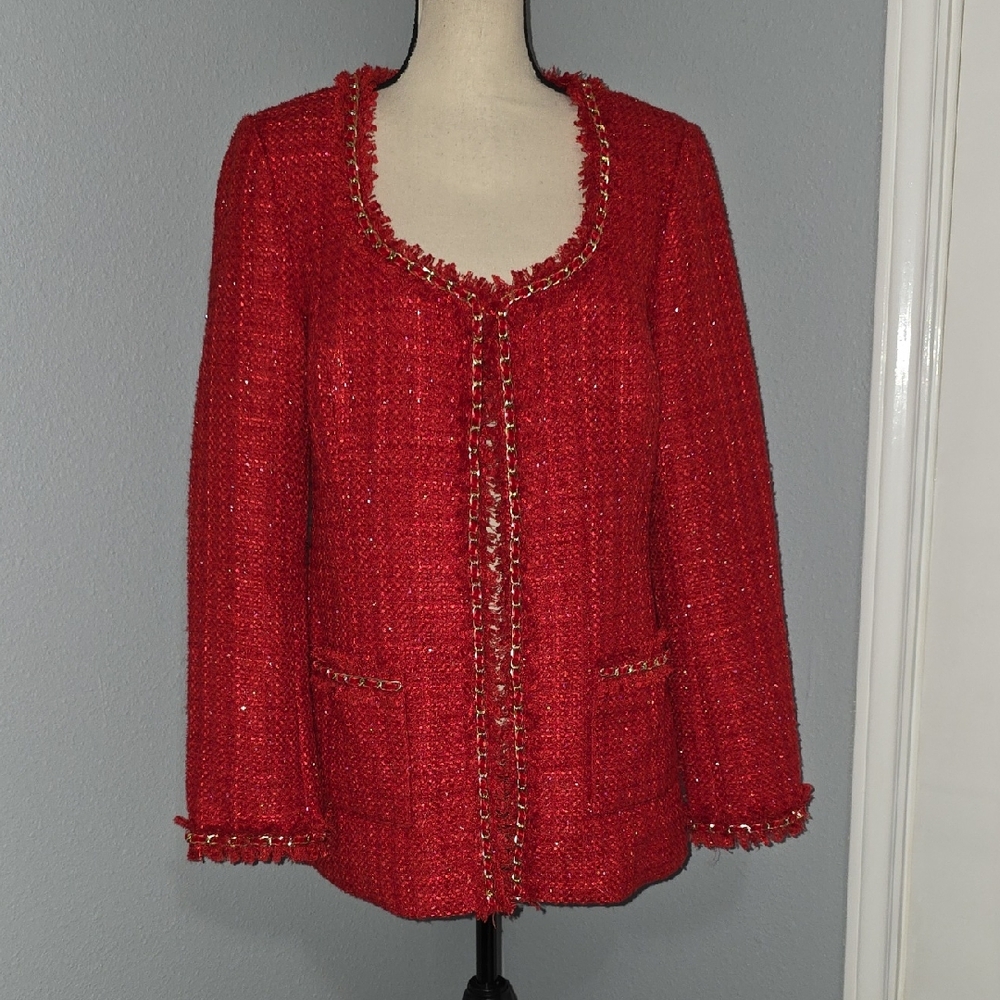 Boston ProperGabrielle Red Tweed Chain-Trim Blazer Sz 12